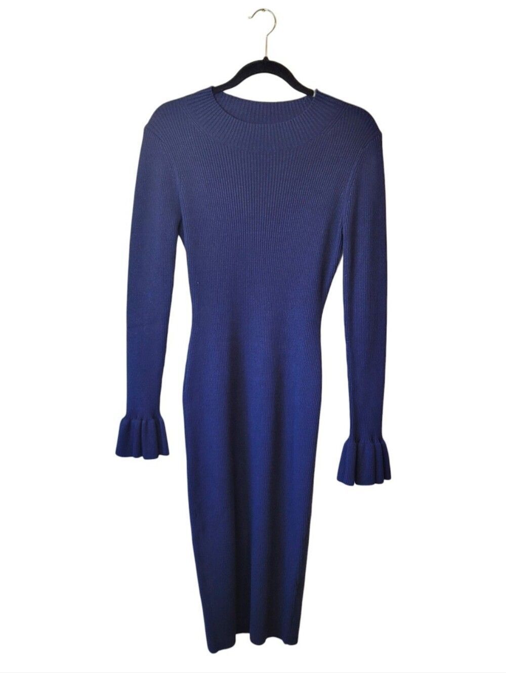Milly Long Sleeve Ribbed Knit Midi Dress in Navy Blue Size M